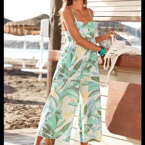 Lascana Spaghetti Strap Mint Floral-Print Wide-Leg Jumpsuit NWOT